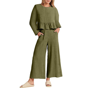 Solid Long Sleeve Ruffle Top Wide Leg Ankle Length Pants Two Piece Set