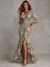 Load image into Gallery viewer, 2026 New Women Vintage Floral Print Wrap Maxi Dress, Elegant V Neck 3/4 Flare Sleeve Asymmetrical Ruffle Hem Long Dress, Boho Evening Vacation Gown