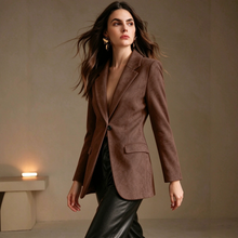 Load image into Gallery viewer, Women's Faux Suede Blazer, Notched Lapel Two Button Long Sleeve Suit Jacket with Patch Pockets, Fall Winter Casual Outerwear