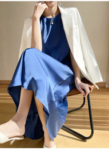 Acetate Satin Silky Dress Summer Elegant Slim Solid Midi Dress