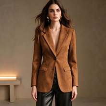 Load image into Gallery viewer, Women's Faux Suede Blazer, Notched Lapel Two Button Long Sleeve Suit Jacket with Patch Pockets, Fall Winter Casual Outerwear