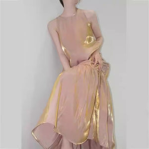 Flowing Shiny Dusty Pink Halter Neck Fairy Ruffle Evening Dress
