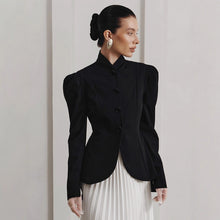 Загрузить изображение в средство просмотра галереи, Black Stand Collar Tweed Blazer for Women, French Vintage Puff Sleeve Elegant Fall Winter Commute Jacket