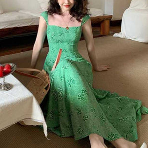 Green Slim French Style Square Neck Jacquard Floral Slip Midi Dress