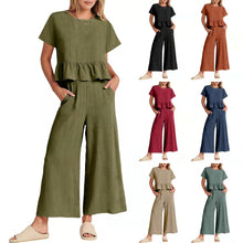 Load image into Gallery viewer, Solid Ruffle Top Wide Leg Ankle Length Pants Two Piece Set
