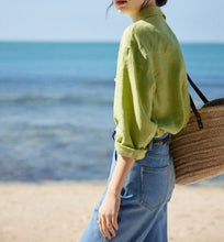 Load image into Gallery viewer, 14 Yarn Count Woman Linen Green Long Sleeve Casual Oversized Shirt
