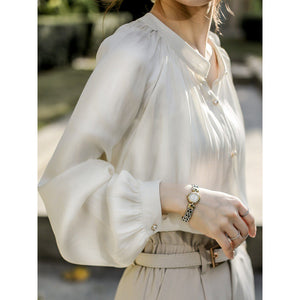 Woman French Style White Silky Satin Vintage Palace Style Shirt