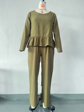 Load image into Gallery viewer, Solid Long Sleeve Ruffle Top Wide Leg Ankle Length Pants Two Piece Set
