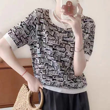 Load image into Gallery viewer, Patterned Round Neck T Shirt Summer Ice Fiber Oversized Pullover Knit Top
