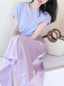 French Style Purple Crop T Shirt Top Slim Midi Satin Skirt Two Piece Set
