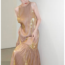 Load image into Gallery viewer, Flowing Shiny Dusty Pink Halter Neck Fairy Ruffle Evening Dress
