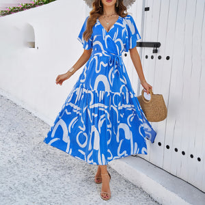 Short Sleeve Printed Midi Belted Wrap Holiday Dress