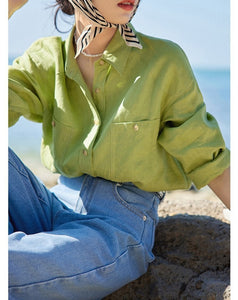14 Yarn Count Woman Linen Green Long Sleeve Casual Oversized Shirt