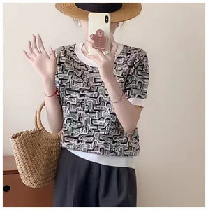 Patterned Round Neck T Shirt Summer Ice Fiber Oversized Pullover Knit Top