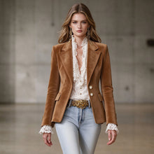 Carica l'immagine nel visualizzatore di Gallery, Women's Brown Suede Blazer Jacket, European & American Fall Winter New Long‑Sleeve Elegant Slim‑Fit Coat, In Stock