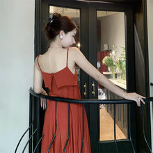 Load image into Gallery viewer, French Style Vintage Red Spaghetti Strap Big Flare Beach Slip Dress
