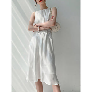 High Waist French Style Chic Shiny Satin Short Sleeve Dress