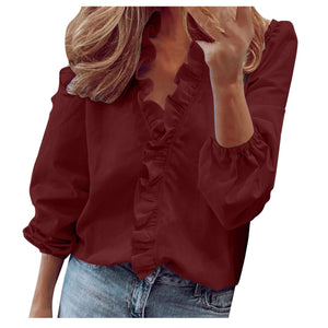 Woman Long Sleeve Ruffle Stand Collar Shirt