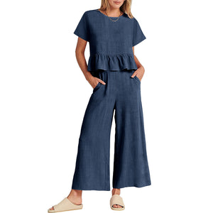 Solid Ruffle Top Wide Leg Ankle Length Pants Two Piece Set