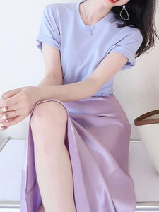 French Style Purple Crop T Shirt Top Slim Midi Satin Skirt Two Piece Set