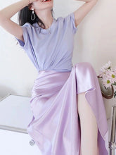 Load image into Gallery viewer, French Style Purple Crop T Shirt Top Slim Midi Satin Skirt Two Piece Set
