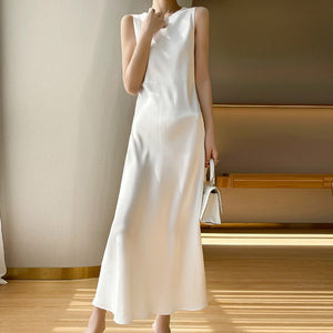 Acetate Satin Silky Dress Summer Elegant Slim Solid Midi Dress