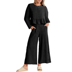 Solid Long Sleeve Ruffle Top Wide Leg Ankle Length Pants Two Piece Set
