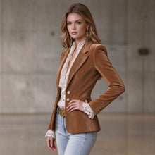 Carica l'immagine nel visualizzatore di Gallery, Women's Brown Suede Blazer Jacket, European & American Fall Winter New Long‑Sleeve Elegant Slim‑Fit Coat, In Stock
