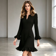 Charger l'image dans la galerie, Women's V-Neck Long Sleeve A-Line Dress, Ruffle Hem Elegant Fall Winter Dress, European American Style