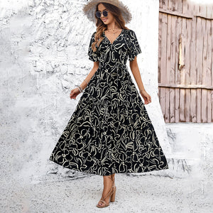 Short Sleeve Printed Midi Belted Wrap Holiday Dress