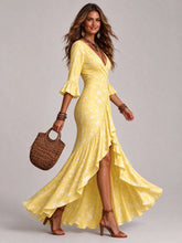 Load image into Gallery viewer, 2026 New Women Vintage Floral Print Wrap Maxi Dress, Elegant V Neck 3/4 Flare Sleeve Asymmetrical Ruffle Hem Long Dress, Boho Evening Vacation Gown