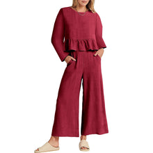 Load image into Gallery viewer, Solid Long Sleeve Ruffle Top Wide Leg Ankle Length Pants Two Piece Set
