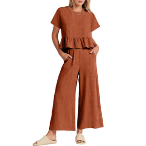 Solid Ruffle Top Wide Leg Ankle Length Pants Two Piece Set