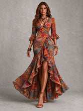 Load image into Gallery viewer, 2026 New Women Vintage Floral Print Wrap Maxi Dress, Elegant V Neck 3/4 Flare Sleeve Asymmetrical Ruffle Hem Long Dress, Boho Evening Vacation Gown