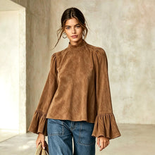 Load image into Gallery viewer, 2026 New Arrival Women's Mock Neck Suede Top, Vintage Loose Long Sleeve Blouse, Fall Winter Western Fashion Shirt