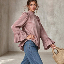 Load image into Gallery viewer, 2026 New Arrival Women's Mock Neck Suede Top, Vintage Loose Long Sleeve Blouse, Fall Winter Western Fashion Shirt