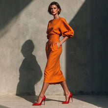 Load image into Gallery viewer, Spring Autumn Women Vintage Two Piece Outfit, Elegant Boat Neck Puff Sleeve Top & High Waist Pleated A-Line Skirt Set