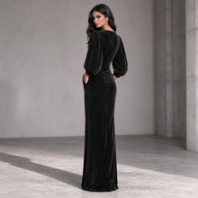 Load image into Gallery viewer, 2026 Fall Winter New Women Corduroy Maxi Dress, Round Neck Puff Long Sleeve Slim Fit Evening Long Dress With Pockets, Elegant Formal Dress