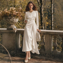 Load image into Gallery viewer, 2026 New French Style Satin Dress Elegant Tie Waist Slim Fit Midi Dress Chic European American Party Dress