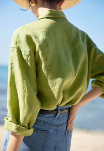 14 Yarn Count Woman Linen Green Long Sleeve Casual Oversized Shirt