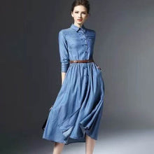 Load image into Gallery viewer, Long Sleeve Tencil Denim Double Breasted Midi Flare Dress
