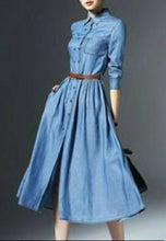 Load image into Gallery viewer, Long Sleeve Tencil Denim Double Breasted Midi Flare Dress
