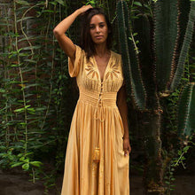Charger l'image dans la galerie, Short sleeves hollow out ruffle embroidery boho maxi dress with tassel