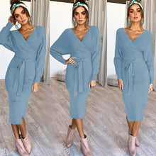 Cargar imagen en el visor de la galería, 5-color Sexy V Neck Long Sleeve Knitwear Dress with Belt