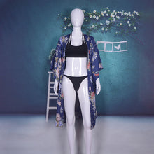 Laden Sie das Bild in den Galerie-Viewer, Long Printed Floral Dot Quarter Sleeve Loose Kimono Beachwear Cover Up