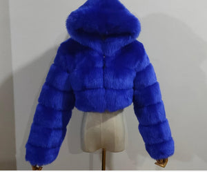 Spliced Faux Fox Fur Crop Short Hoodied Coat