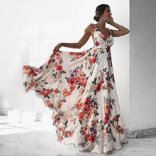 Carica l'immagine nel visualizzatore di Gallery, Vestito estivo casual da donna con scollo a V, maniche a cappuccio, schiena scoperta, abito lungo stampato in stile bohémien per signora