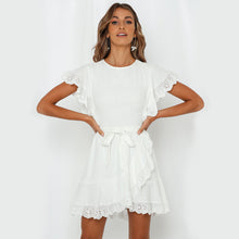 Load image into Gallery viewer, Lace Trimming White Short Sleeve Ruffle Wrap Tie Dress - Jasmine Wei Factory Shop