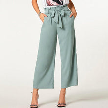 Load image into Gallery viewer, hot sell new design leisure green ladies long pants belted elastic high waisted wide leg trousers female clothes