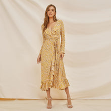 Load image into Gallery viewer, Long Sleeve Ruffle Wrap Tie Midi Dress